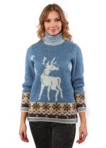 Женский шерстяной свитер с высоким воротником рисунок оленя