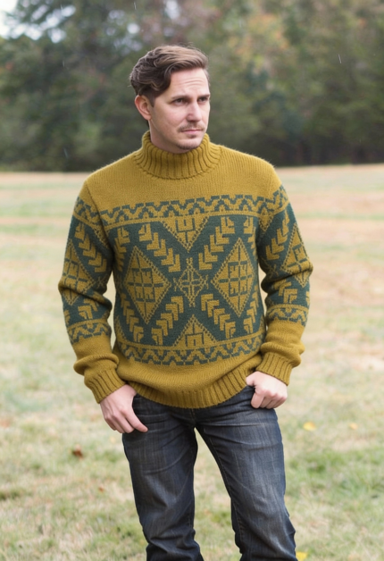 Зимний мужской свитер с горлом шерстяной с узорами