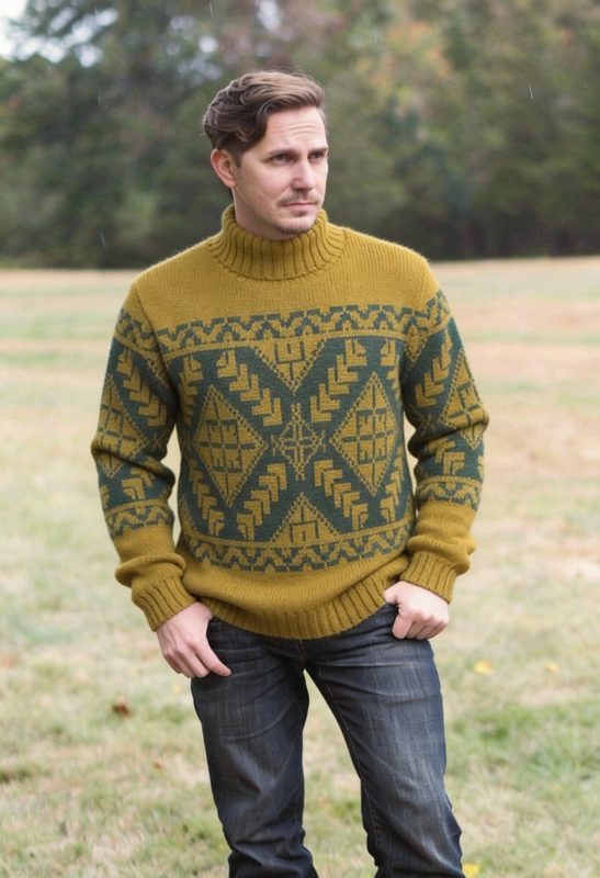 Зимний мужской свитер с горлом шерстяной с узорами