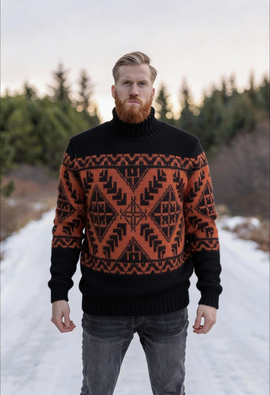 Зимний мужской свитер с горлом шерстяной с узорами